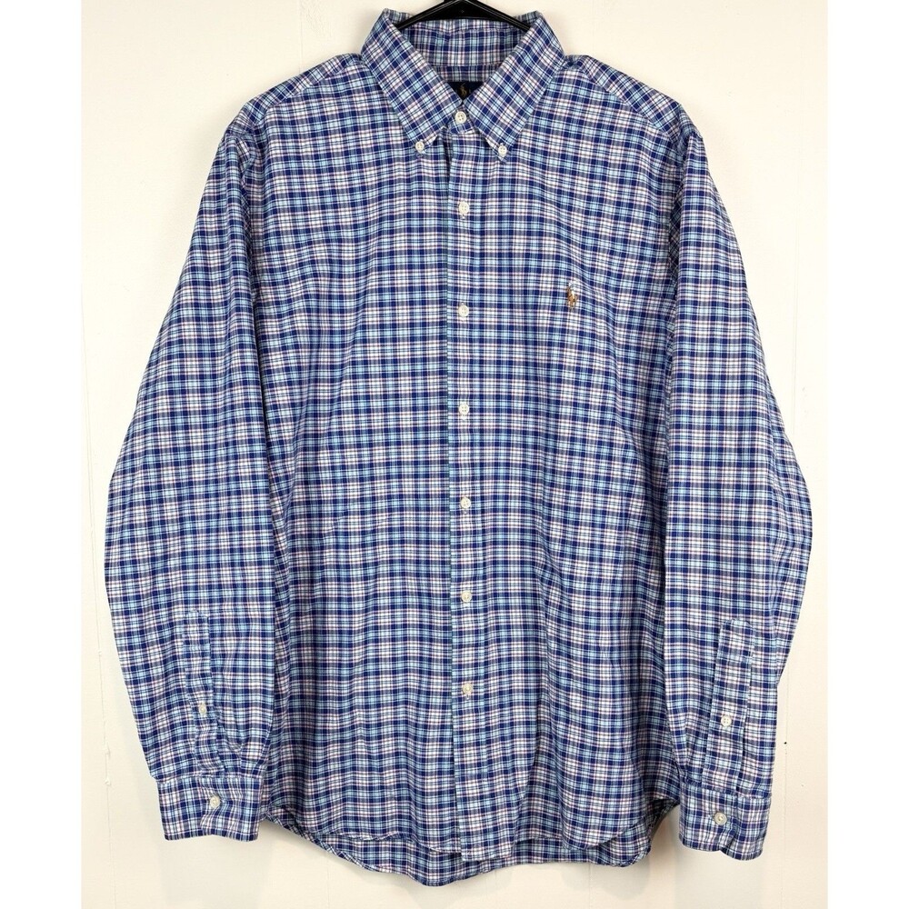 Ralph Lauren Button Down Shirt Men's L Long Sleeve Blue Pink Preppy Classic Fit